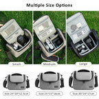 Grey camera shoulder bag with a black top handle and strap, beside an open one holding a DSLR and a lens
