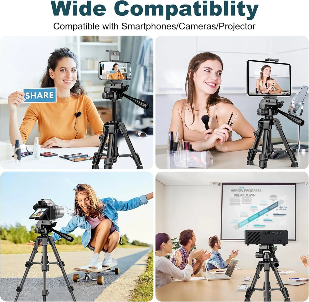 Black mini tripod with a pan head and handle, shown with a phone clip, a spare plate, a carry bag and a folded view