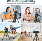 Black mini tripod with a pan head and handle, shown with a phone clip, a spare plate, a carry bag and a folded view