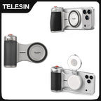 Silver Telesin Master grip with a black leather-look handle and a magnetic ring, holding a phone, a round panel lit above