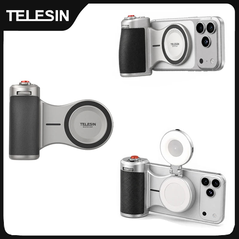 Silver Telesin Master grip with a black leather-look handle and a magnetic ring, holding a phone, a round panel lit above