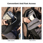 Grey and black camera backpack worn on a man's back with a tripod strapped to one side, plus insets of the rain cover