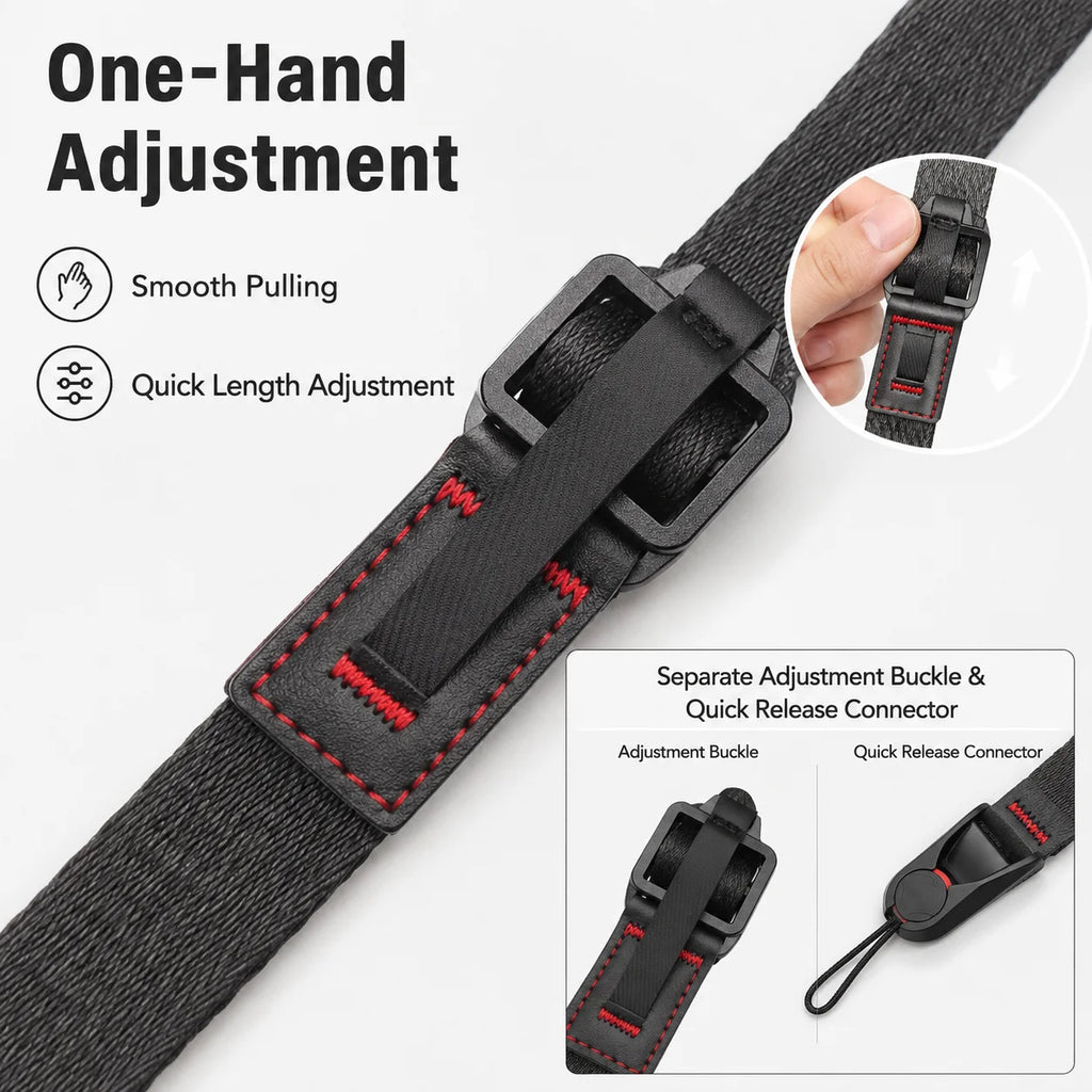 Six fabric camera straps in black, grey, blue and orange with quick release clips, one attached to a black DSLR