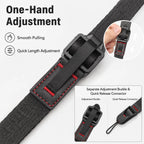 Six fabric camera straps in black, grey, blue and orange with quick release clips, one attached to a black DSLR