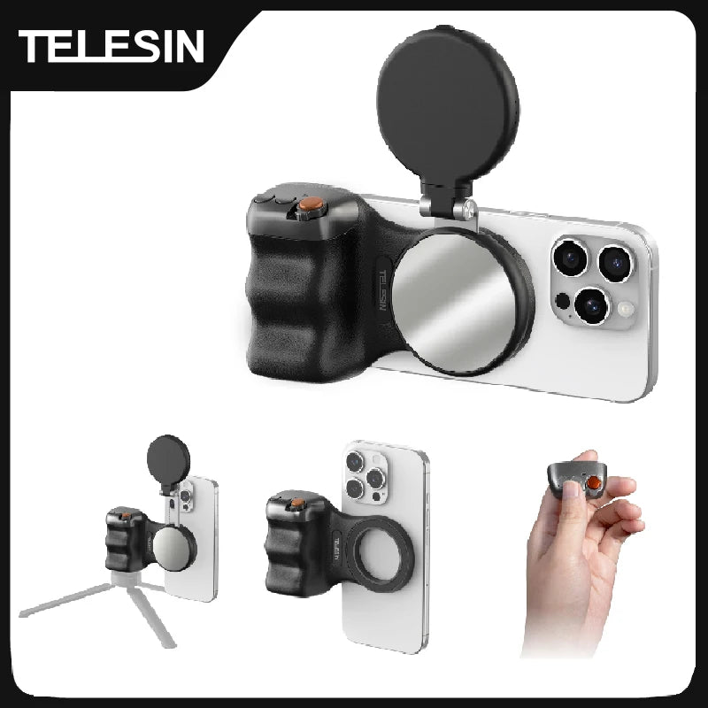 Black hand grip holding a phone by a magnetic ring on its back, with a round fold-up panel above and a remote in a hand