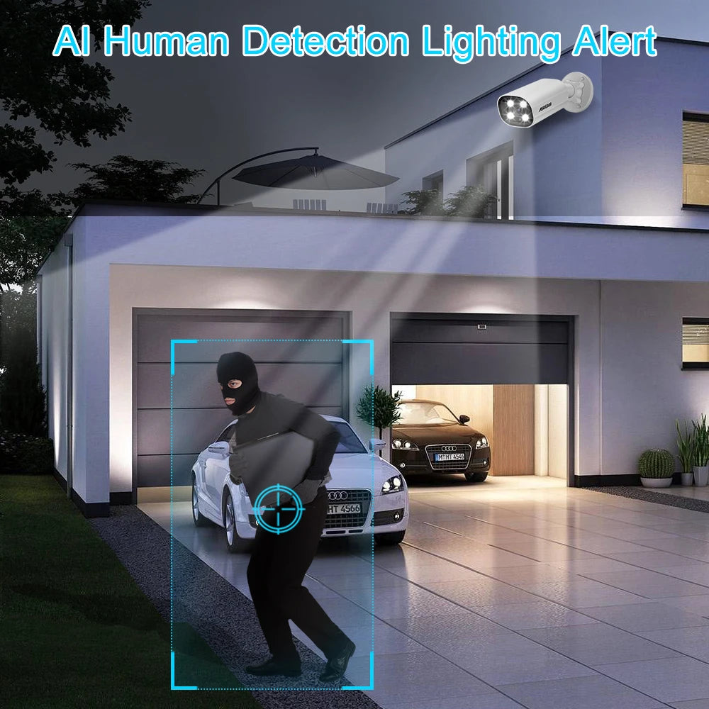 White Asecam bullet security camera with four lights around the lens, on a white wall mount