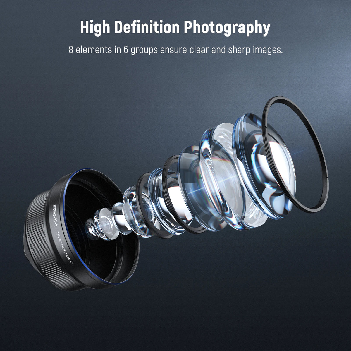 Black Neewer telephoto phone lens with a blue-rimmed front element, mounted on a greyed-out phone, its cap beside it