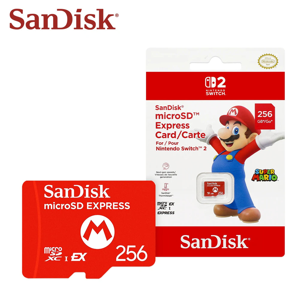 Red SanDisk microSD Express 256GB card with a white mushroom-style M logo printed on the face