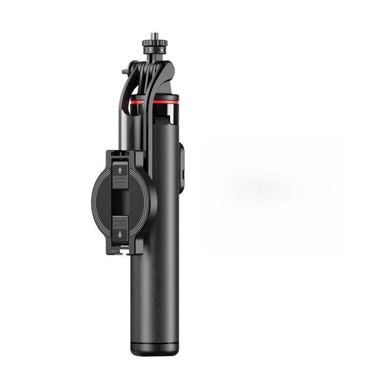 Folded black selfie stick tripod with a screw mount on top, a red ring below the head and a round clip holder on the side