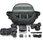Black Qisemian camera sling bag shown closed, and open three times with a DSLR and lenses in grey dividers