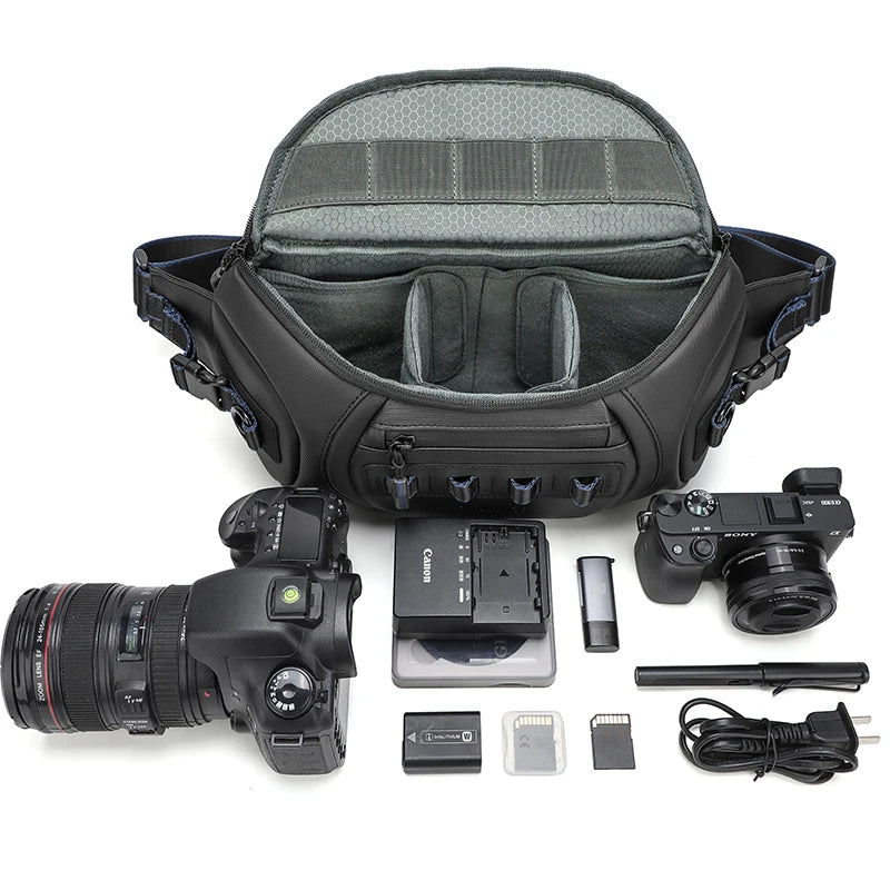 Black Qisemian camera sling bag shown closed, and open three times with a DSLR and lenses in grey dividers