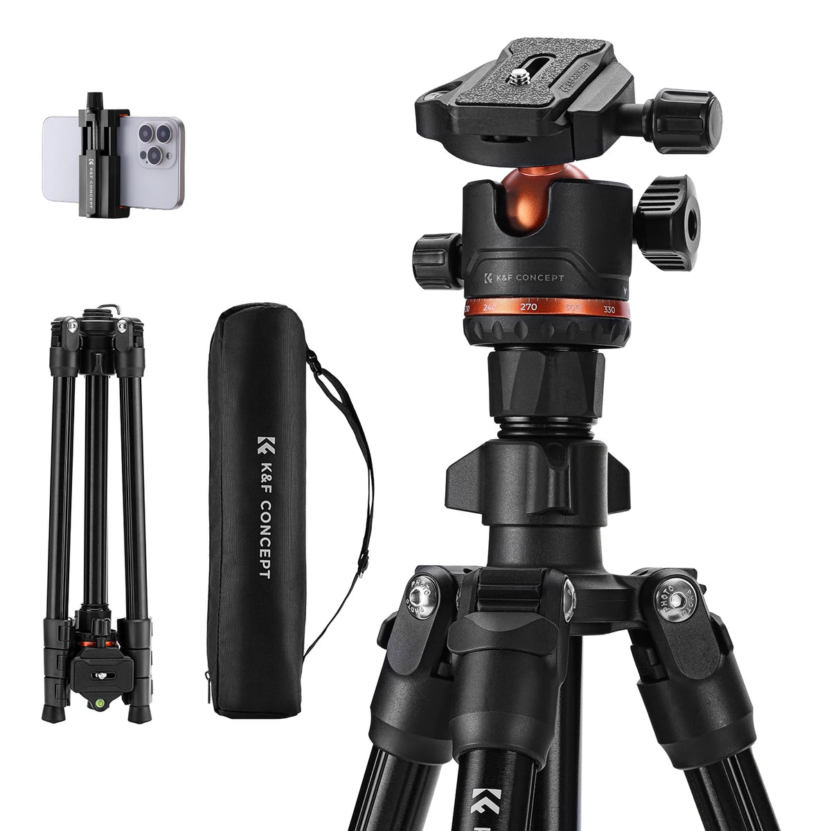 Black K&F Concept tripod with an orange-trimmed ball head, shown with a phone clip, folded legs and a black carry bag