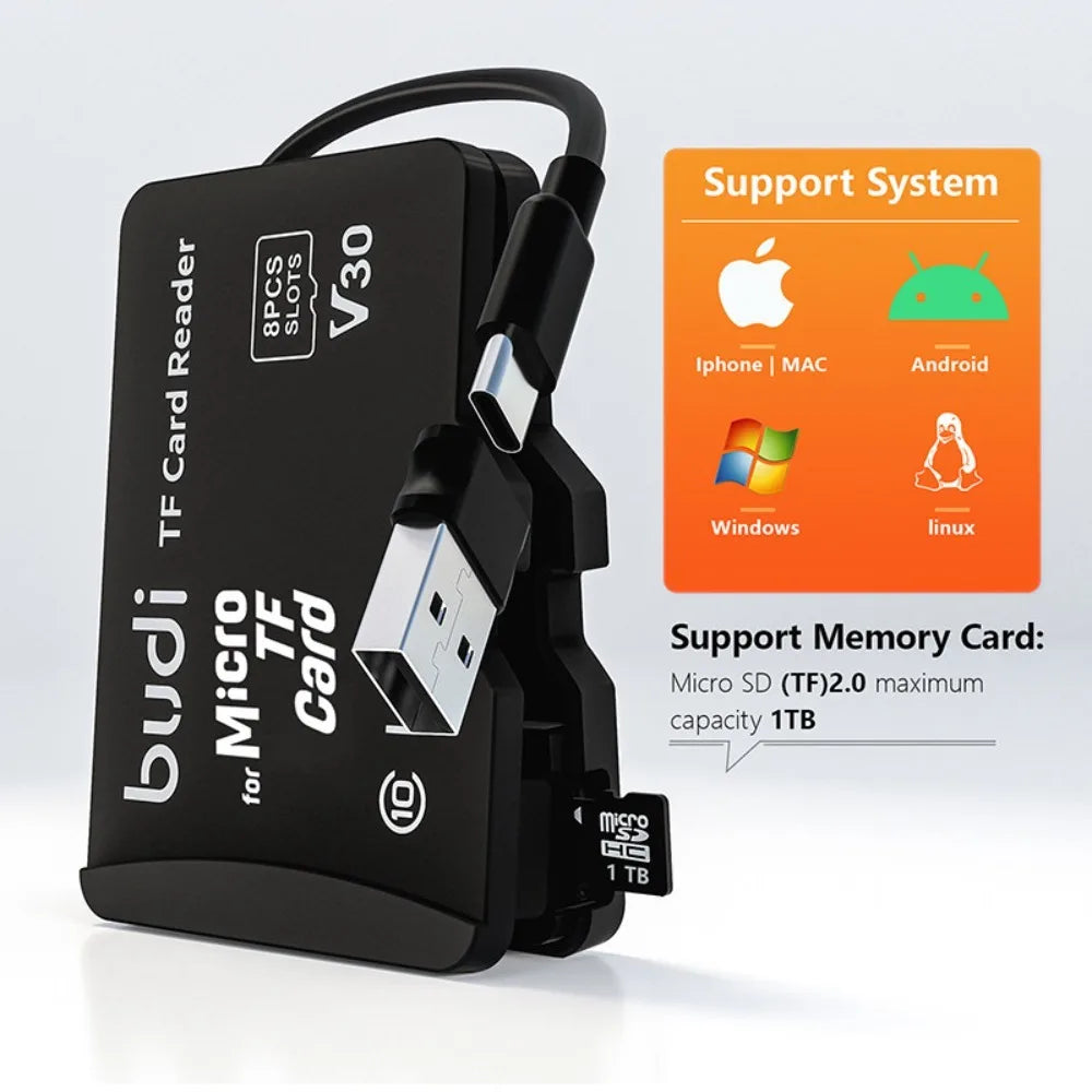 Black Budi card case shaped like an oversized microSD card, open to show card slots and a fold-out USB reader
