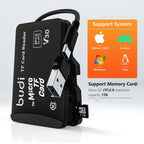 Black Budi card case shaped like an oversized microSD card, open to show card slots and a fold-out USB reader