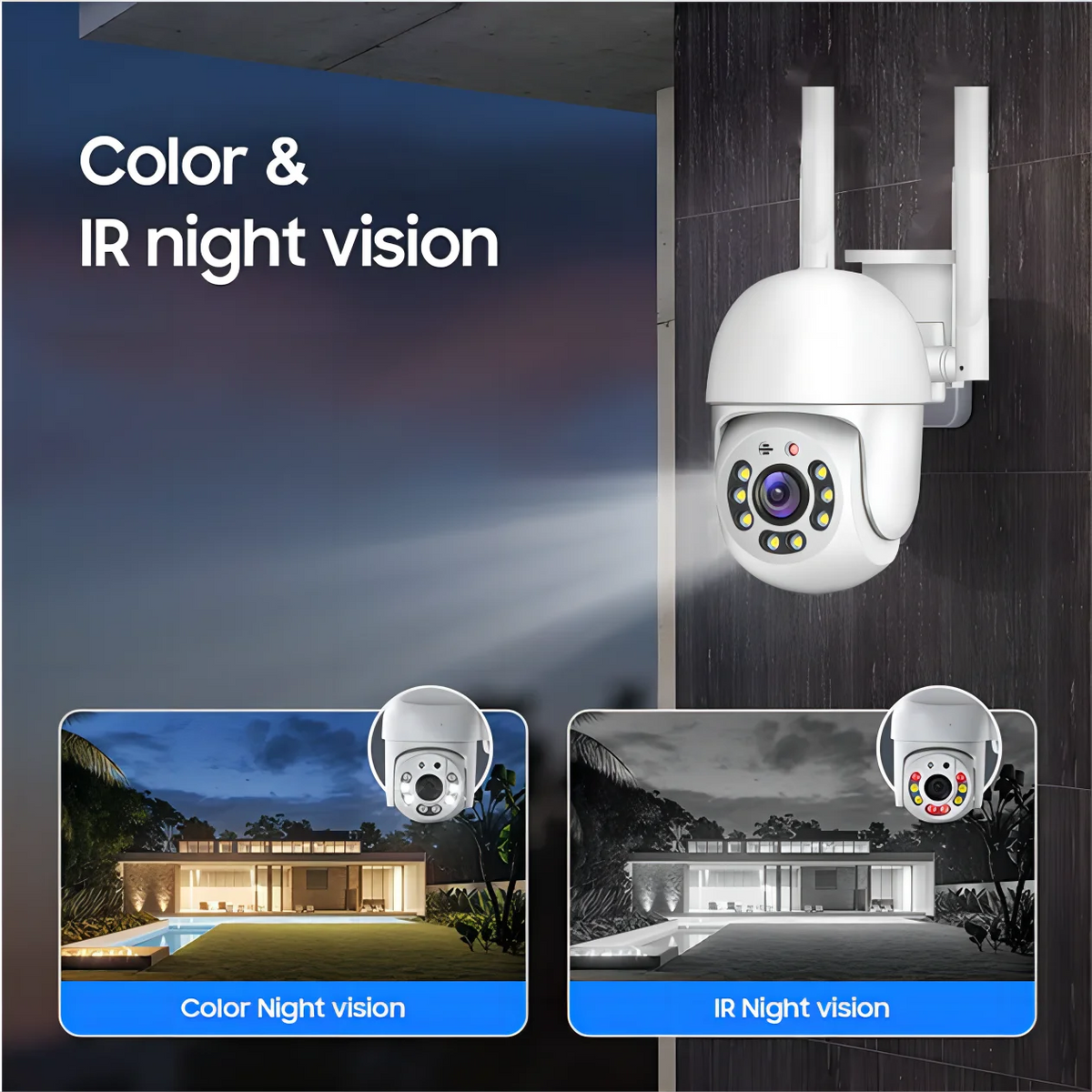 White dome pan-tilt security camera with two antennas on a wall bracket, beside a hand holding a phone showing a yard