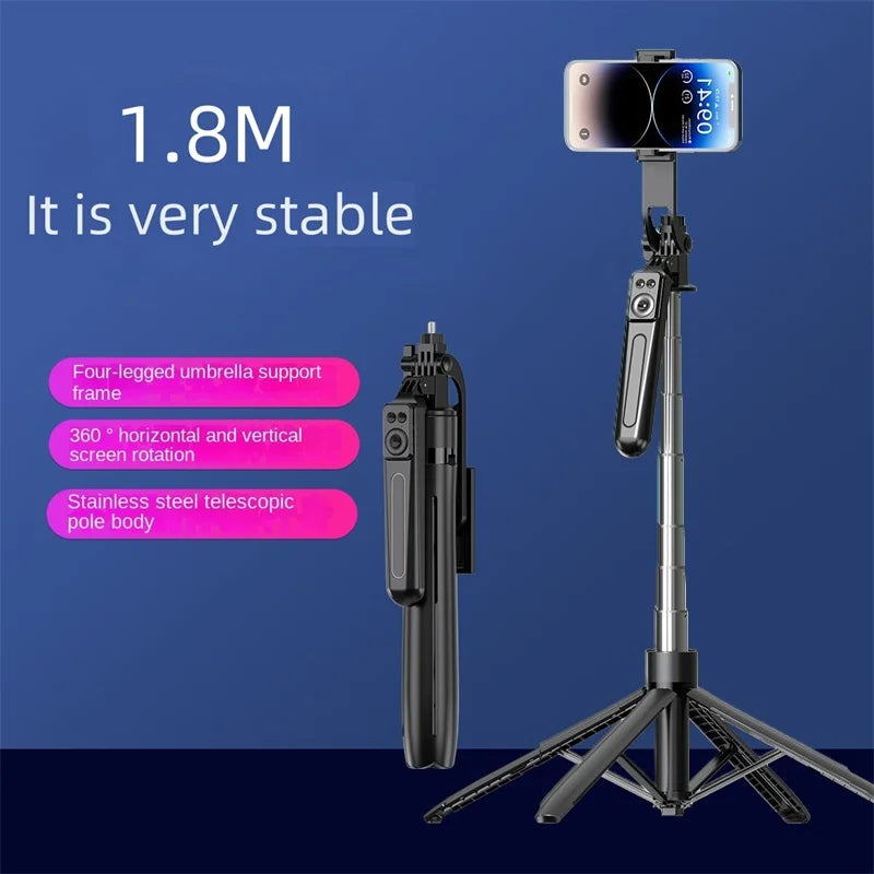 Black phone tripod extended on its legs with a smartphone on top and a remote on the pole, plus a folded one beside it