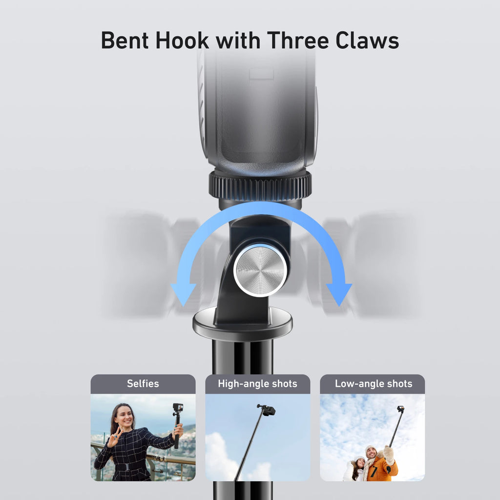 Black Telesin extendable stick with a textured grip, shown with a thumb screw mount, holding an action camera, and closed