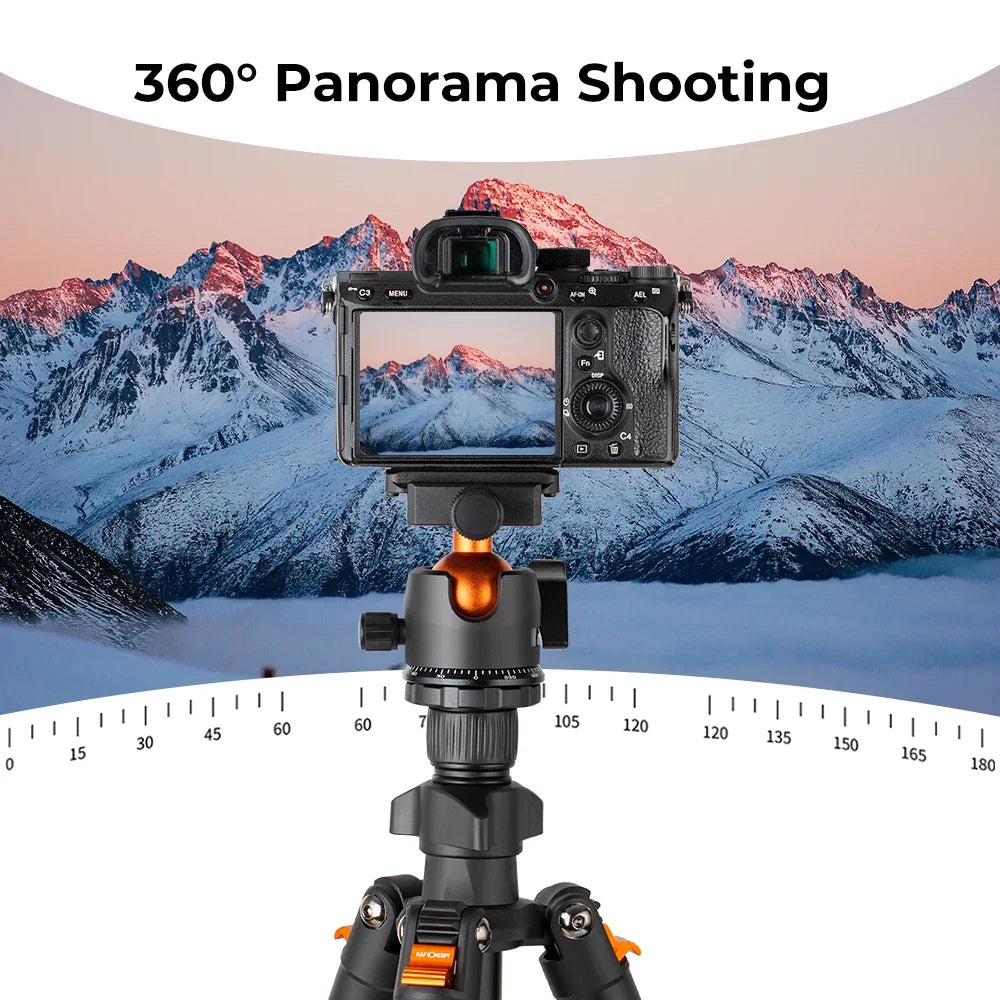 Black K&F Concept tripod with an orange-trimmed ball head, a phone clip, folded legs and close-ups of the plate and packaging