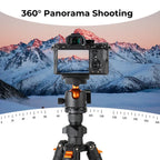 Black K&F Concept tripod with an orange-trimmed ball head, a phone clip, folded legs and close-ups of the plate and packaging