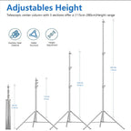Two silver stainless steel light stands with spread legs, leg braces and adjustable knobs on each section