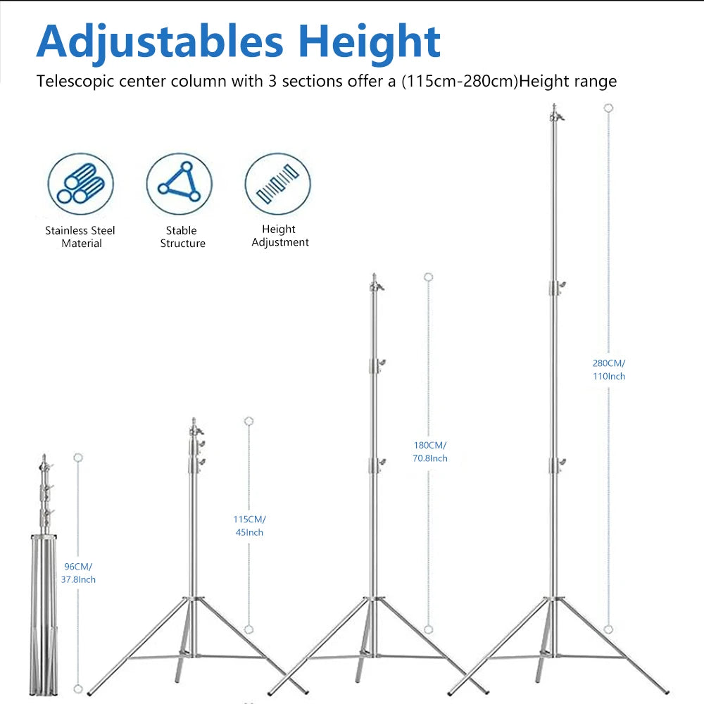 Two silver stainless steel light stands with spread legs, leg braces and adjustable knobs on each section