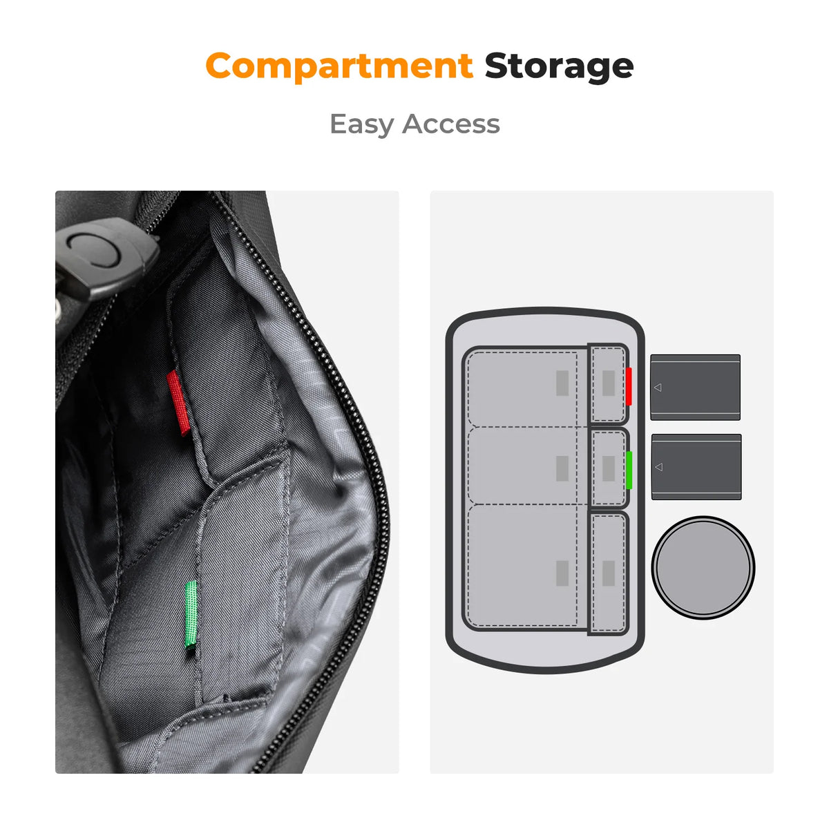 Black K&F Concept camera shoulder bag with a tripod strapped underneath, above four more bags in other colors