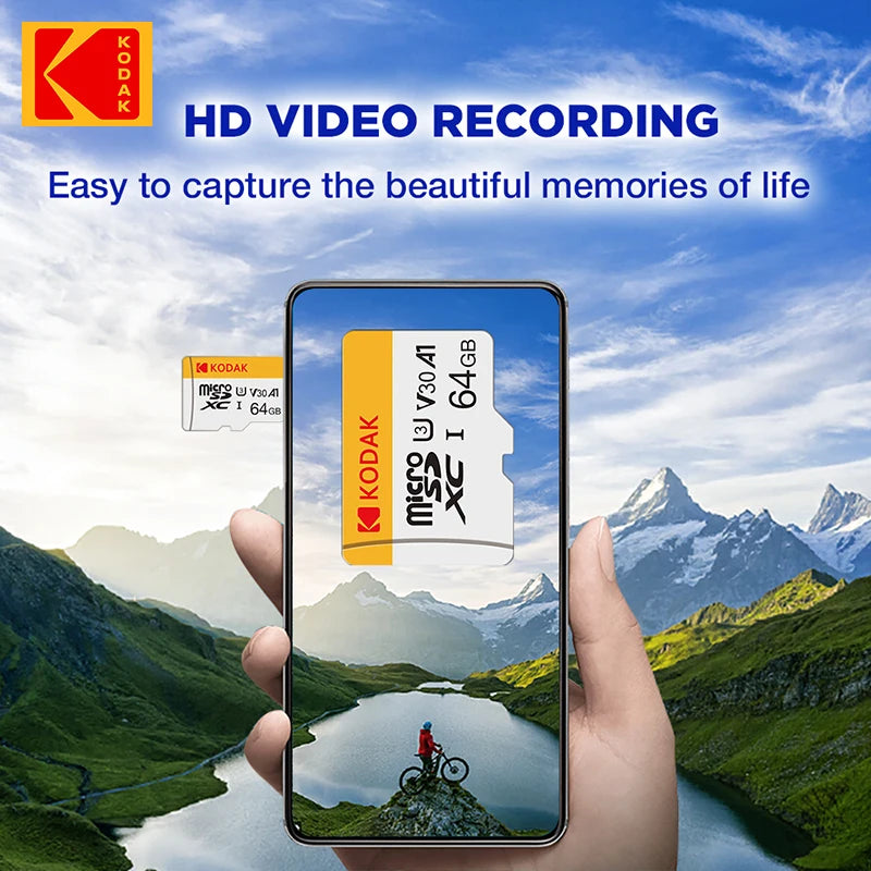 White and yellow Kodak-branded microSD cards in 128GB, 32GB and 64GB, beside a yellow microSD to SD adapter