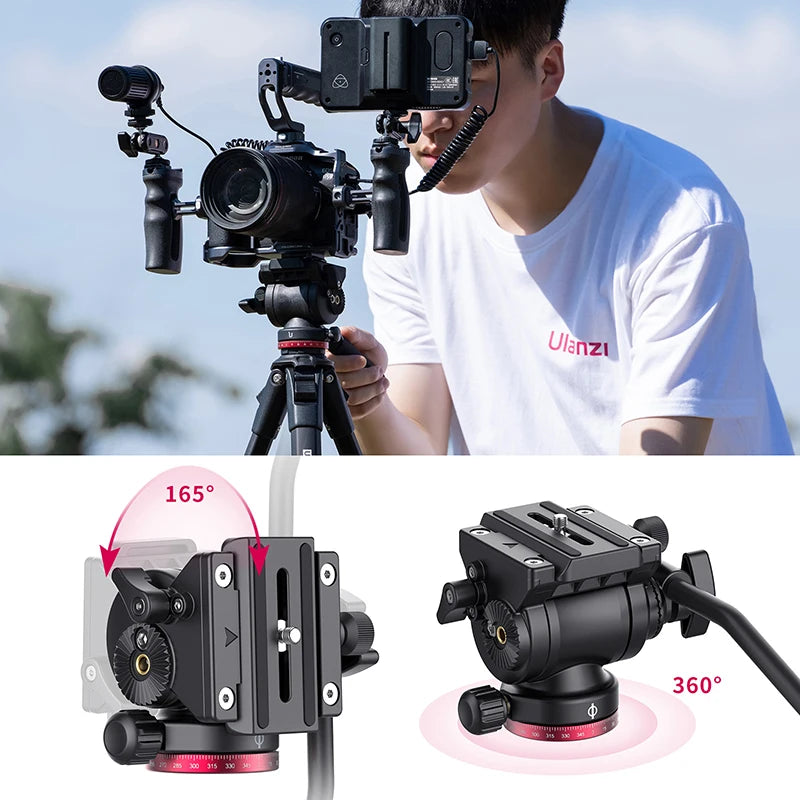Black Ulanzi video tripod with a fluid head and pan handle, shown standing and folded, next to a phone holder