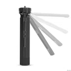 Black metal mini tripod with a 1/4 inch screw on top, shown with its legs in four positions from flat to upright