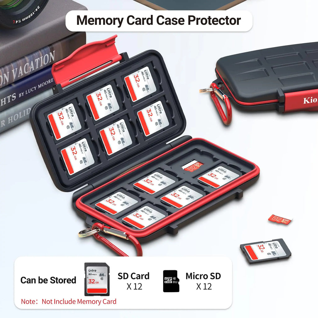 Black hard card case with a red seal, open to show SD cards in moulded slots, with a second closed case shown in water