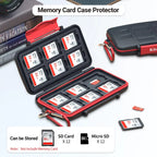 Black hard card case with a red seal, open to show SD cards in moulded slots, with a second closed case shown in water