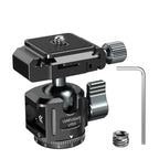 Black low-profile ball head with a quick release clamp and plate, a locking lever, a hex key and a thread adapter