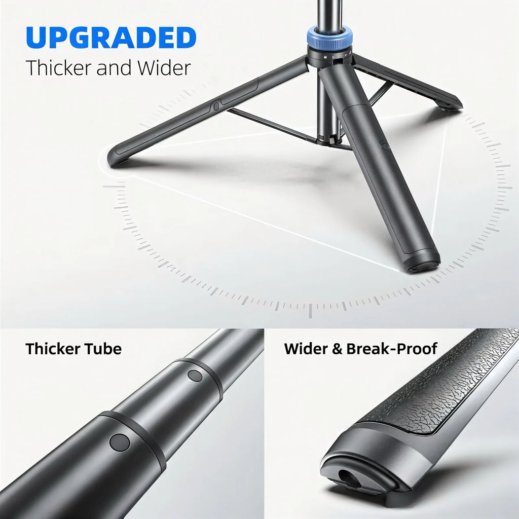 Black selfie stick tripod with a blue ring holding a phone, shown as a stand and as a handheld stick, with a small remote