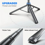 Black selfie stick tripod with a blue ring holding a phone, shown as a stand and as a handheld stick, with a small remote