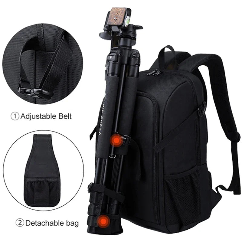 Black camera backpack with a tripod strapped to its side, plus close-ups of a strap buckle and a detachable tripod pouch