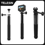 Black Telesin extendable stick with a textured grip, shown with a thumb screw mount, holding an action camera, and closed