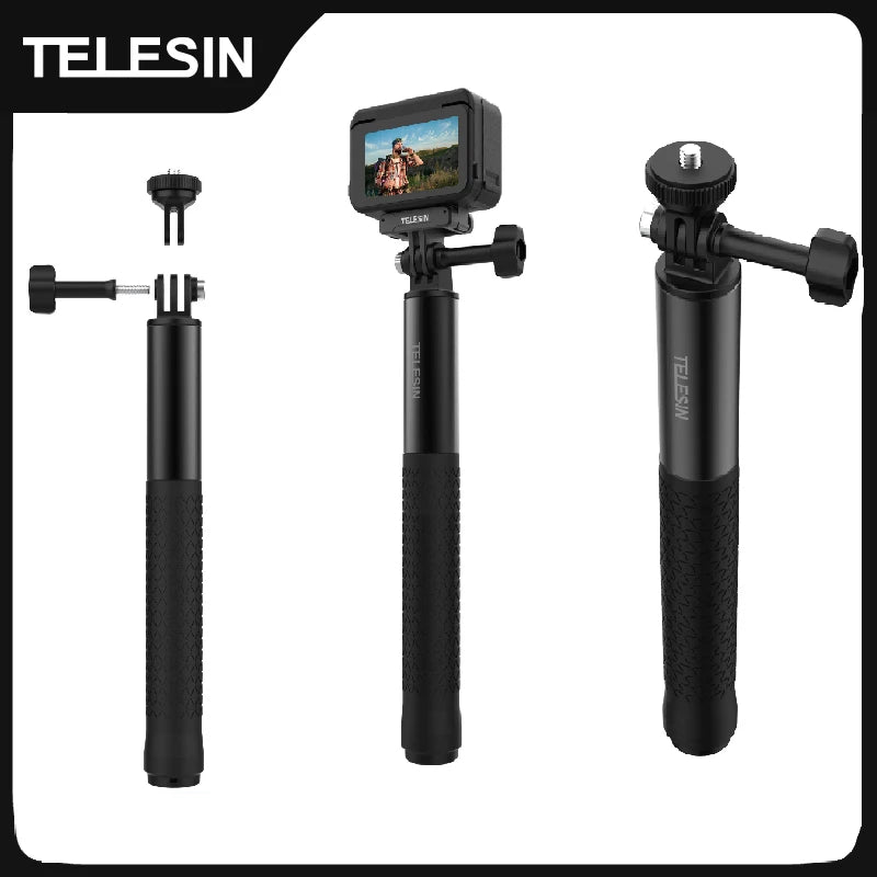 Black Telesin extendable stick with a textured grip, shown with a thumb screw mount, holding an action camera, and closed