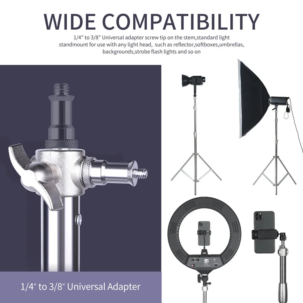 Two silver stainless steel light stands with spread legs, leg braces and adjustable knobs on each section