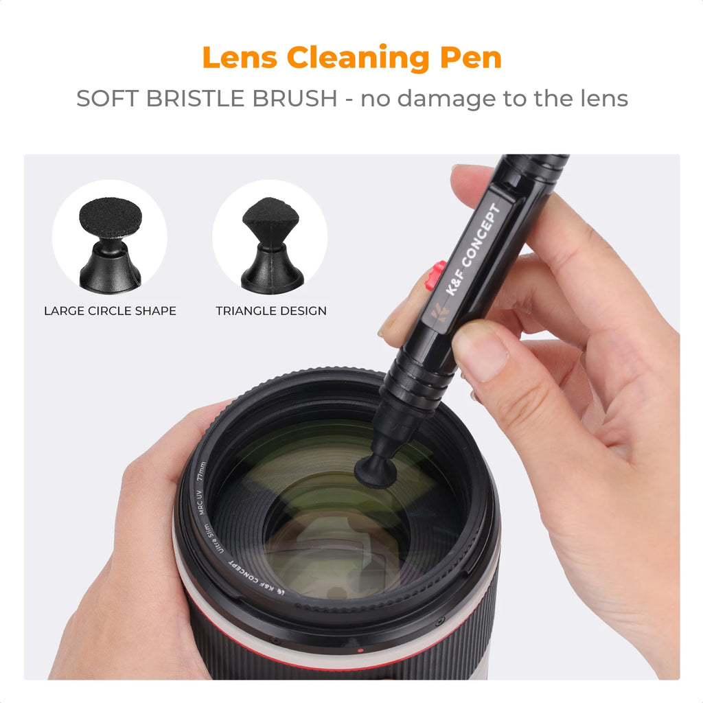 K&F Concept kit laid out: lens pen, soft brush, black air blower, lens cleaner spray bottle, orange wipes and gray cloths