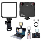 Square black LED panel light, front and back, with two dials, a phone clip, a cold shoe mount and a USB-C cable