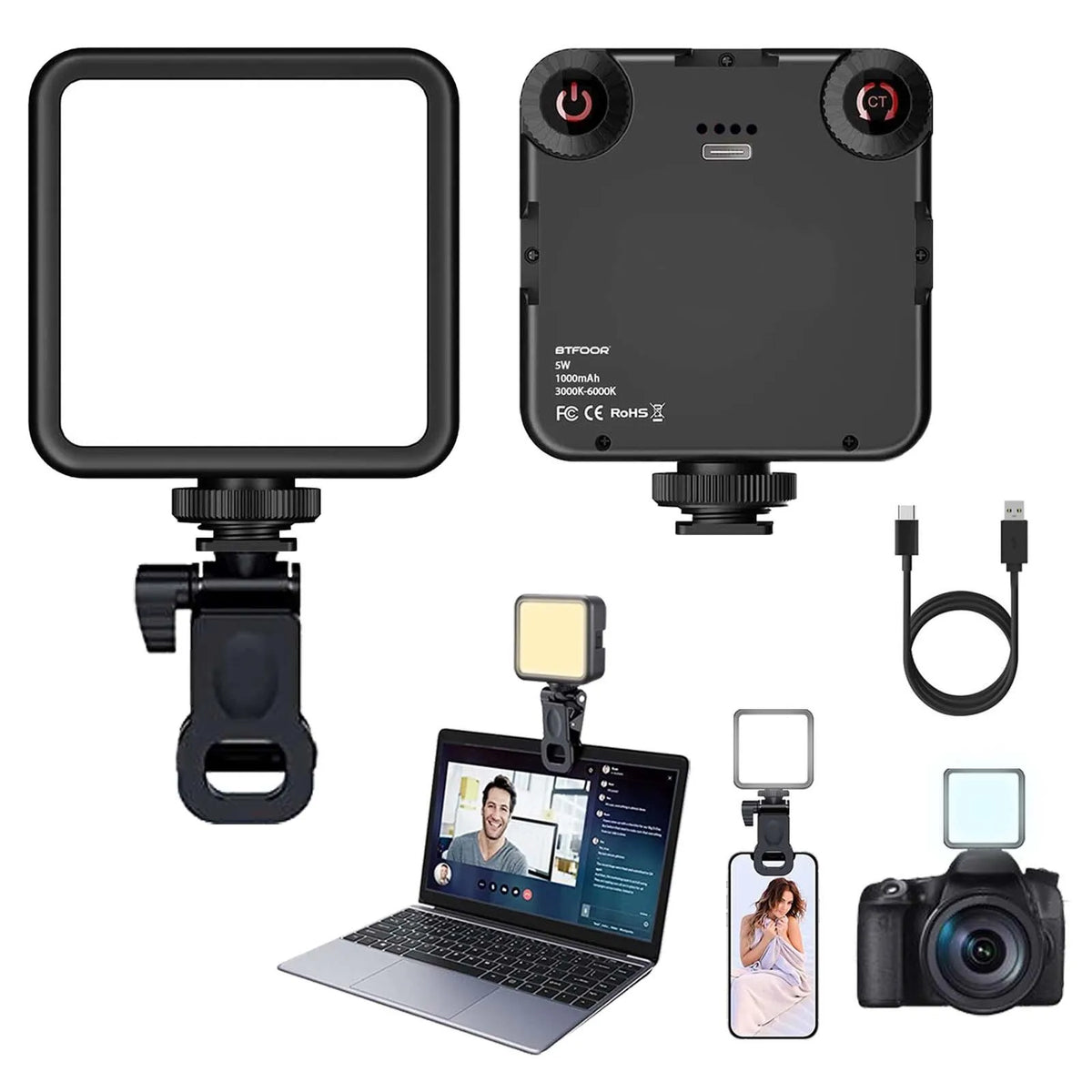 Square black LED panel light, front and back, with two dials, a phone clip, a cold shoe mount and a USB-C cable