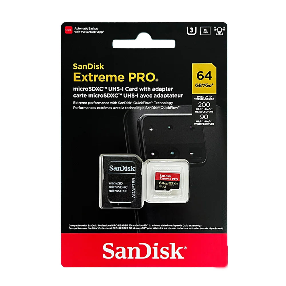 A SanDisk Extreme Pro 128GB microSD card and a SanDisk Extreme card in a black SD adapter on a pink background