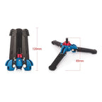 Folding three-leg monopod base with blue joints, a red locking ring and a screw stud, with small views of it under a monopod