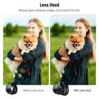 Black Neewer telephoto phone lens with a wide screw-on hood mounted on a phone case, its round lens cap beside it