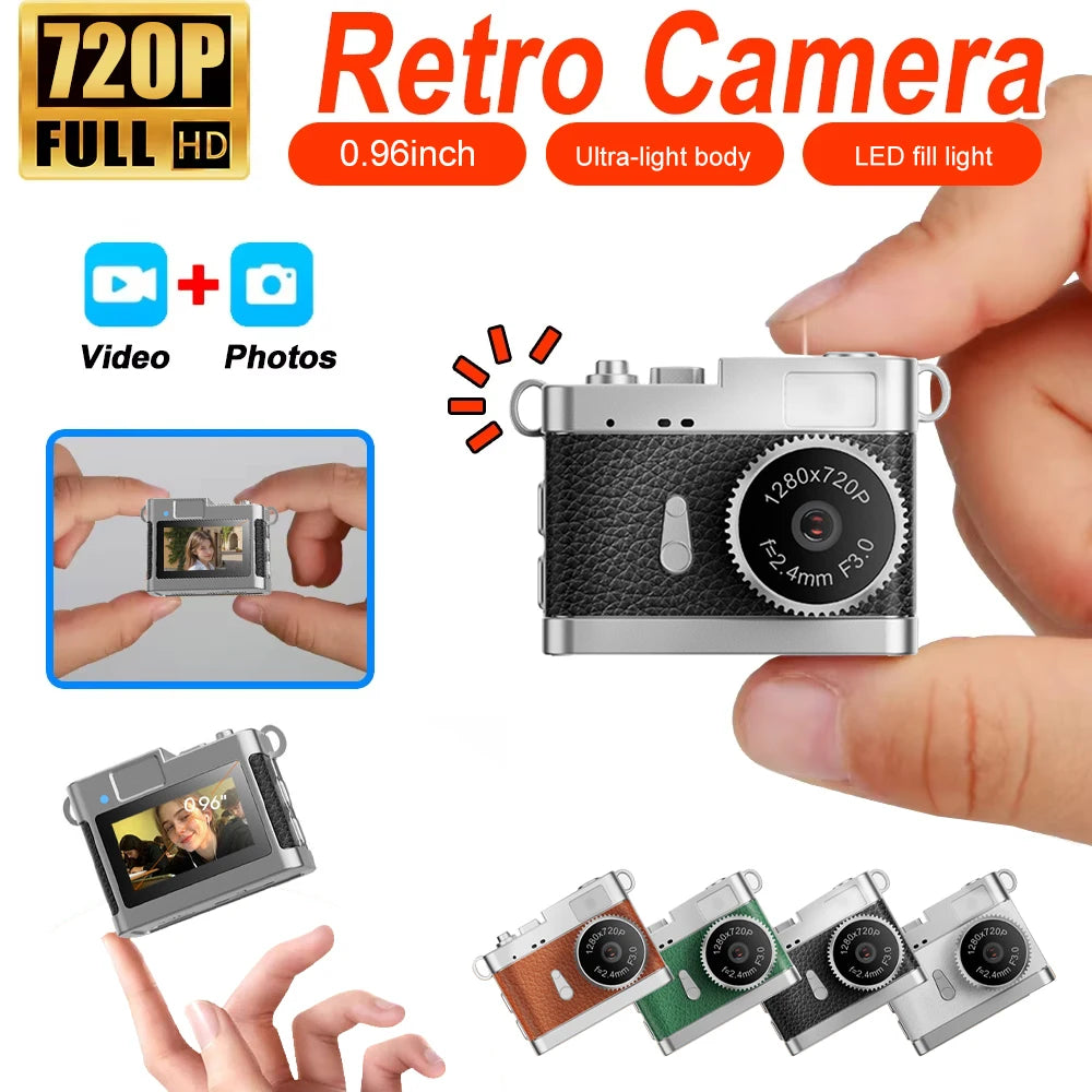 Tiny silver and black retro-style camera held between two fingers, its lens dial printed 1280x720P