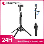 Black Ulanzi selfie stick tripod with a phone clamp and detachable remote, plus the rotating head and the folded stick