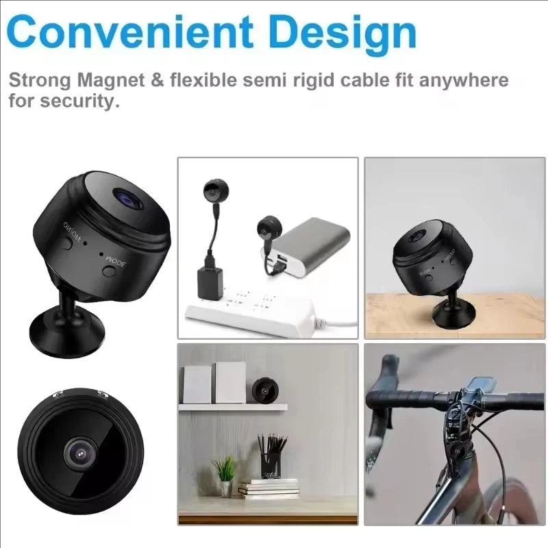 Four round black mini cameras with a magnetic stand and USB cable, next to a phone showing a street view in the app