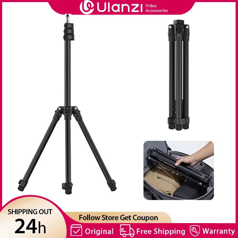Black Ulanzi light stand with three legs and a stud on top, shown folded compact and being packed into a travel bag