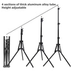 Black light stand extended on spread legs, a folded stand, and small icons of a softbox, umbrella and LED panel