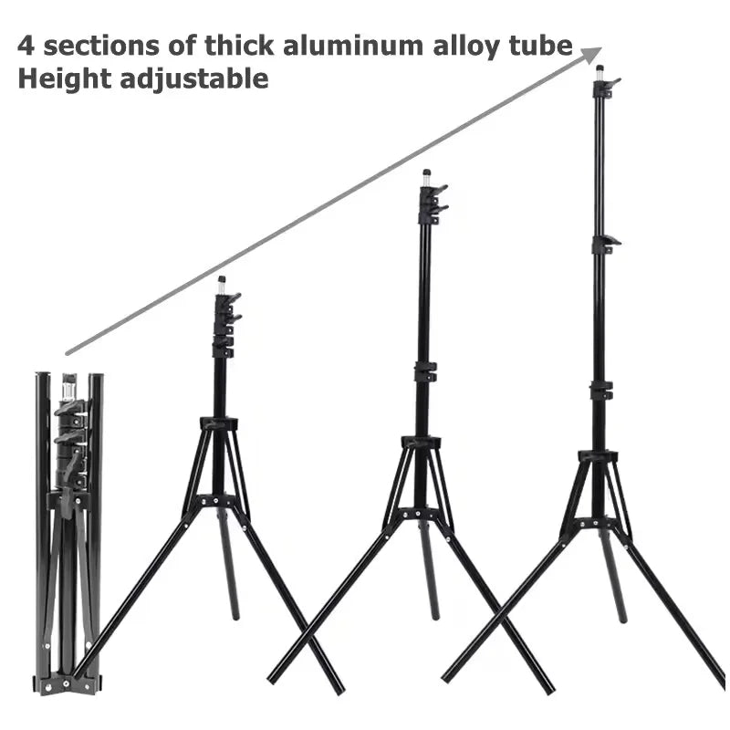 Black light stand extended on spread legs, a folded stand, and small icons of a softbox, umbrella and LED panel